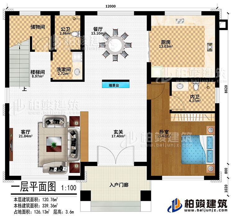 一层：入户门廊、玄关、端景台、客厅、餐厅、厨房、卧室、洗漱间、储物间、公卫、内卫、楼梯间